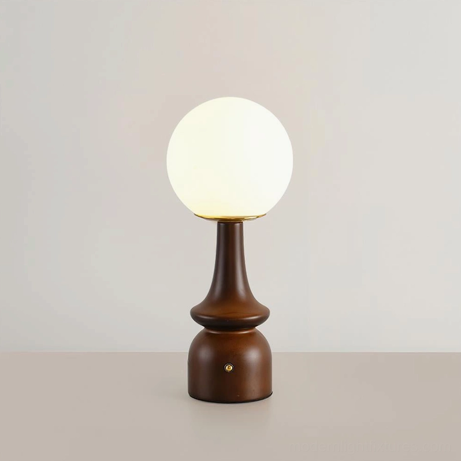 Gleason table lamp model A with turned wood stem base and frosted glass globe shade