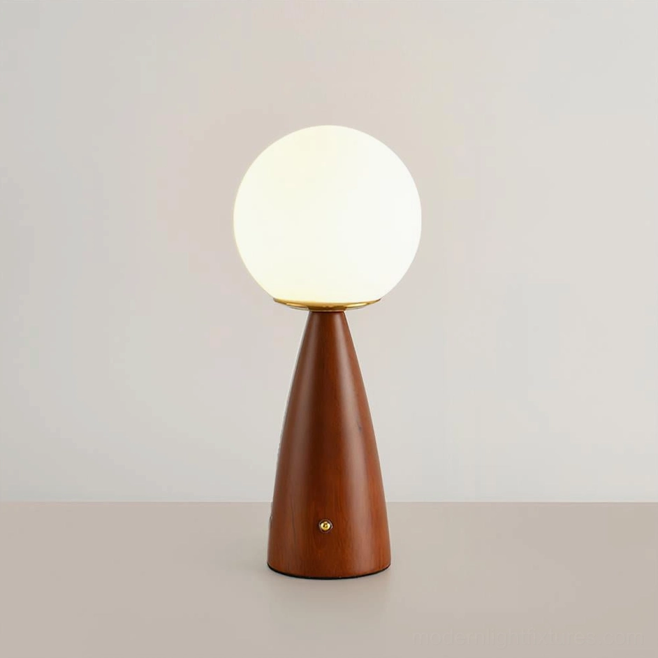 Gleason table lamp model B with tapered solid wood base and frosted glass spherical shade