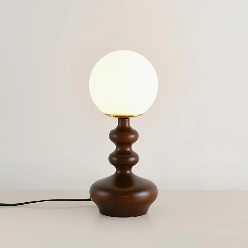 Gleason table lamp model C with multi-tiered curved wood stem and frosted glass globe