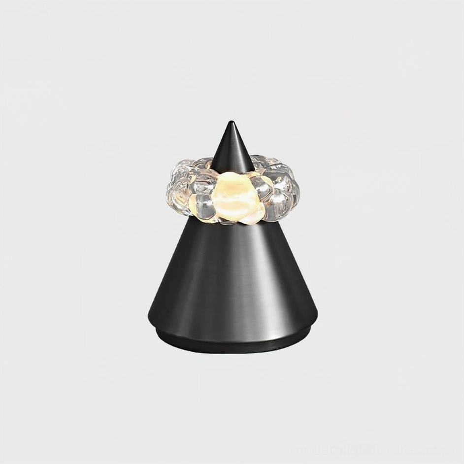 Compact Glint table lamp in brushed black finish with hand-formed crystal light orbs, perfect for bedside or small spaces accent lighting