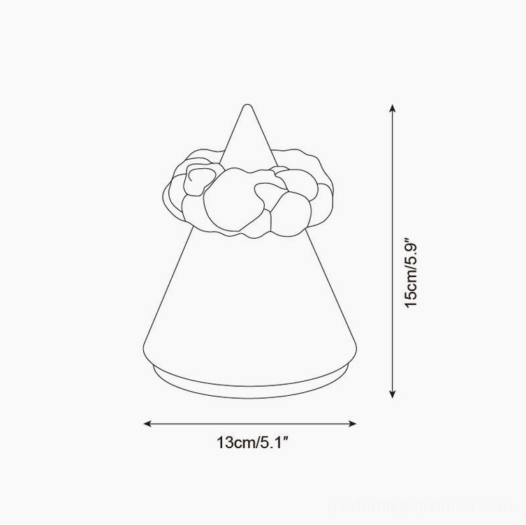 Technical orthographic drawing of compact Glint table lamp variant, 13cm diameter x 15cm height specifications