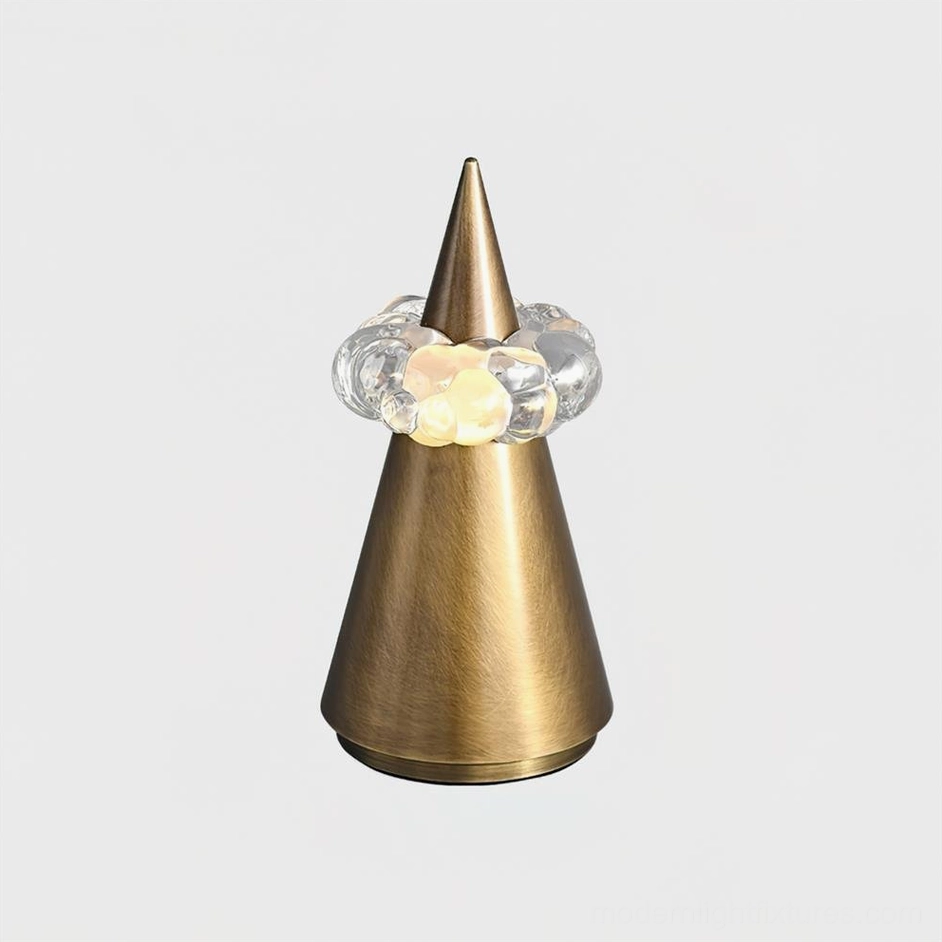 Standard height Glint table lamp with brushed bronze finish and hand-formed crystal crown light diffuser, three-color temperature adjustable
