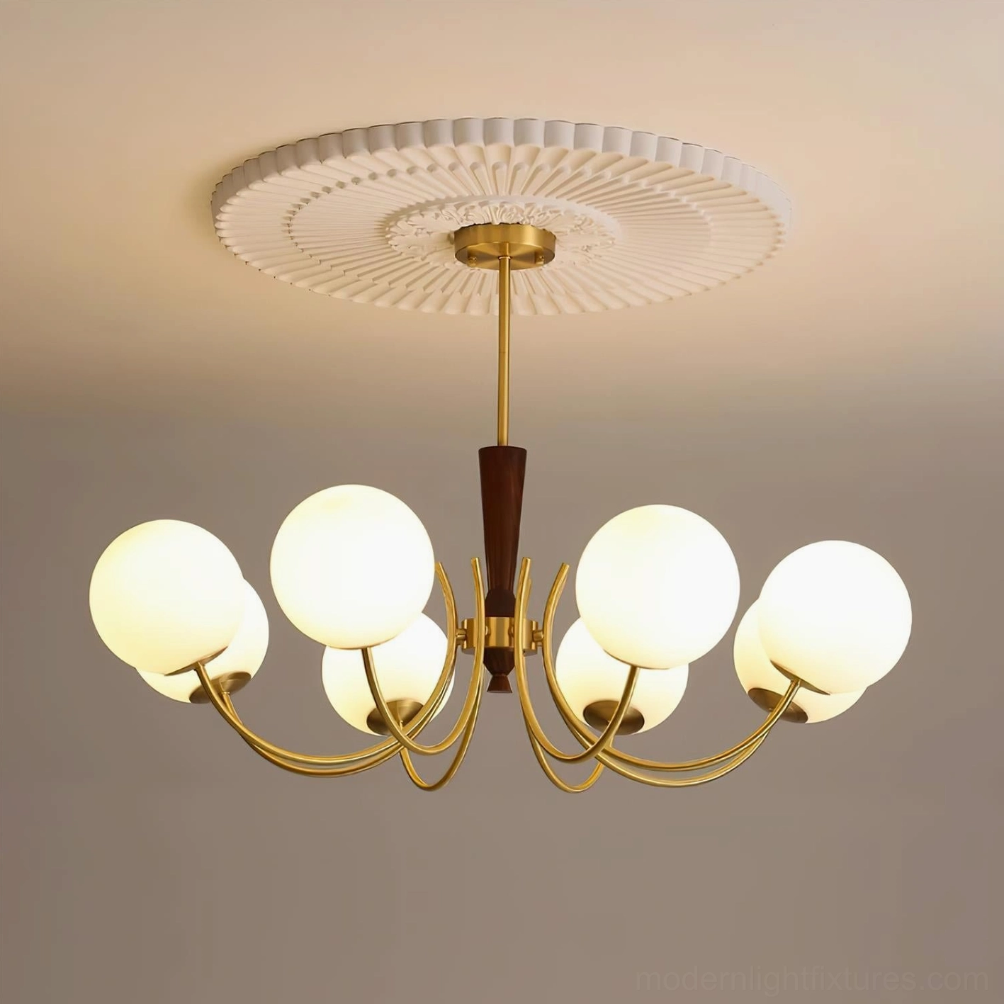 Comparative size view of 6-head and 8-head globe chandelier versions with dimensional reference