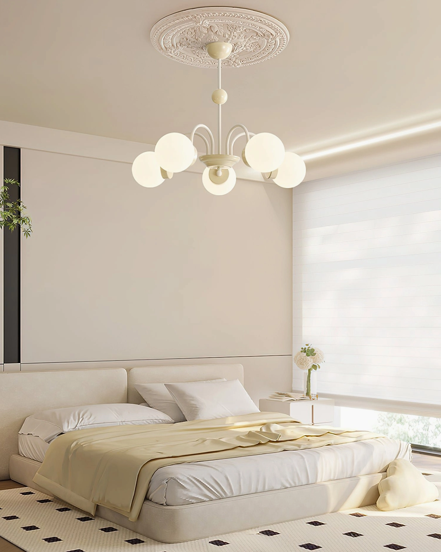 6-head globe chandelier in cream bedroom interior, French retro style with frosted glass spheres
