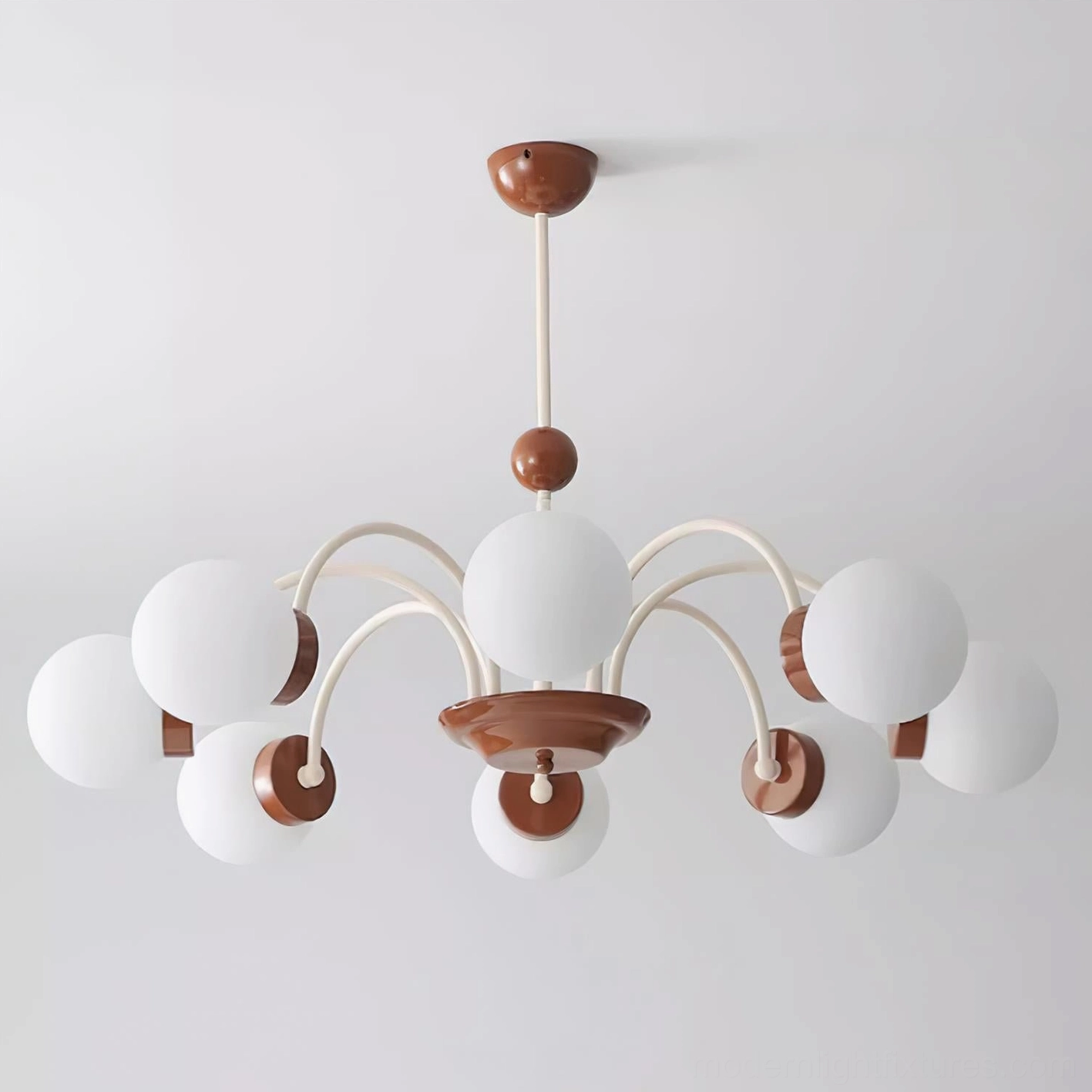 Globe chandelier installed in minimalist contemporary interior, architectural lighting feature