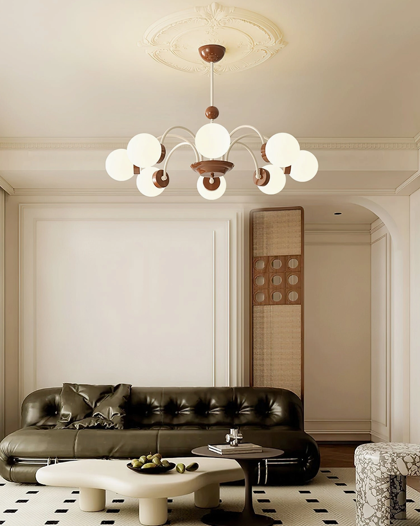 Contemporary globe chandelier fixture, detailed metal arm and glass sphere construction view