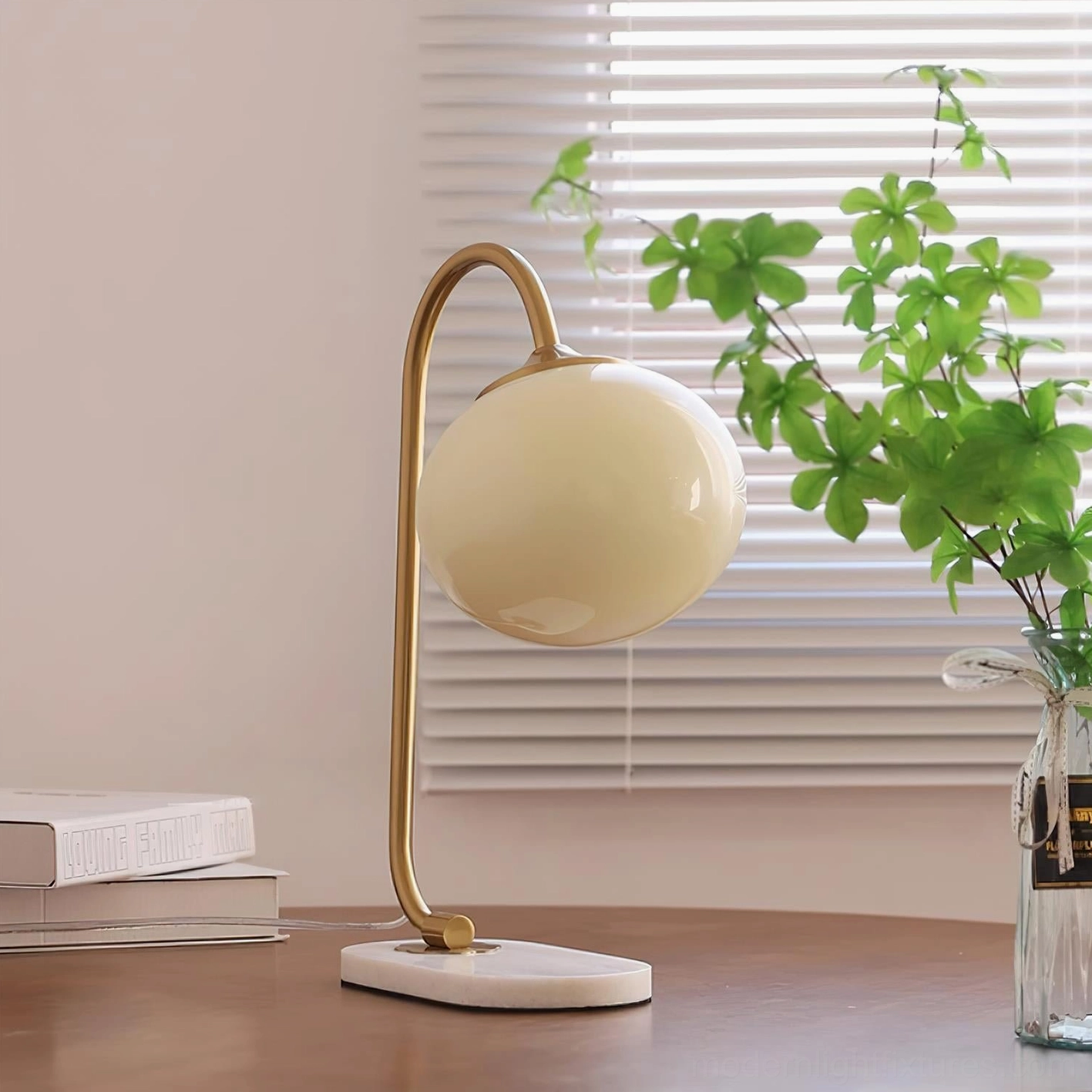 Globe table lamp brass gold frame with spherical glass shade architectural lighting design