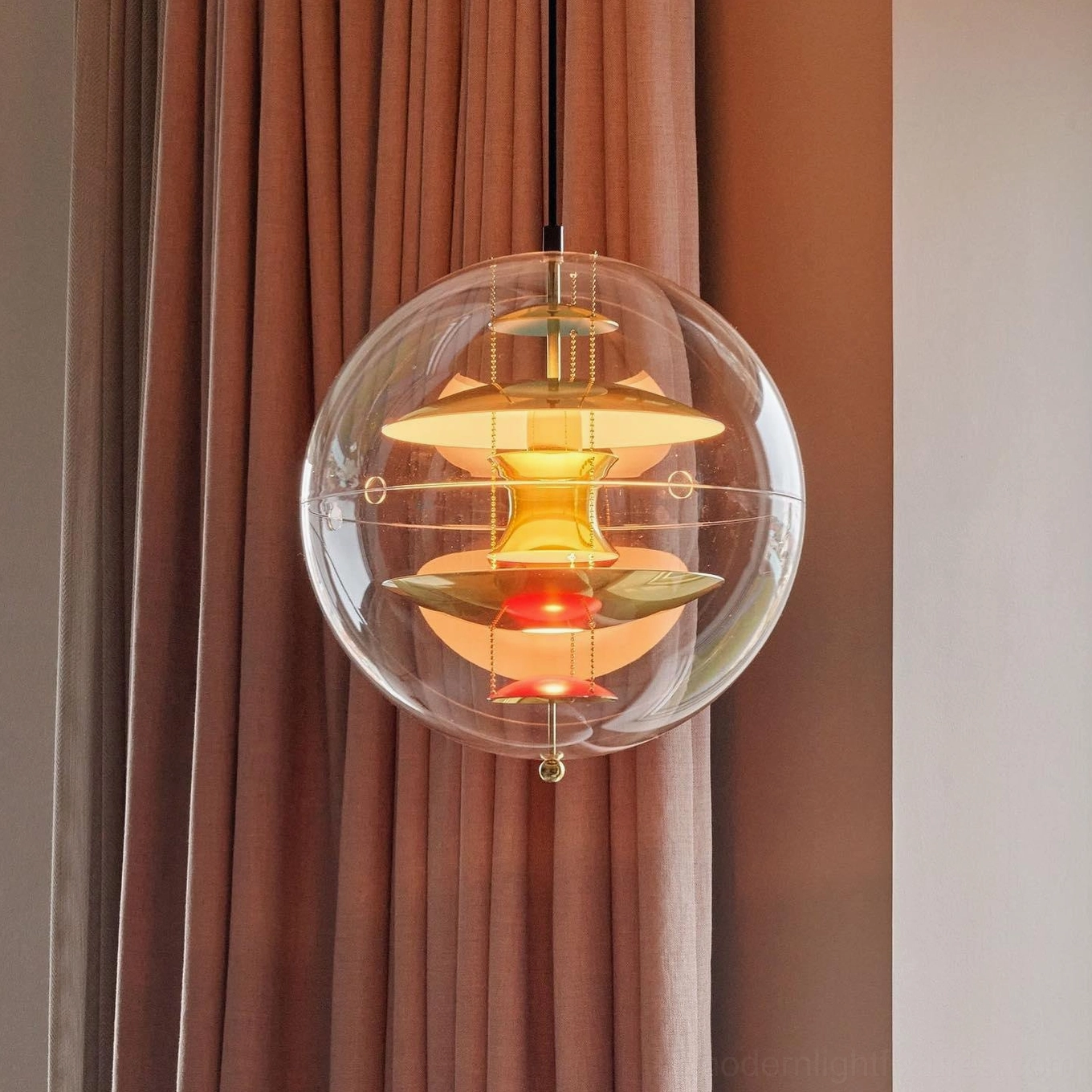 Contemporary ceiling mounted globe pendant light fixture with acrylic sphere and aluminum reflector system