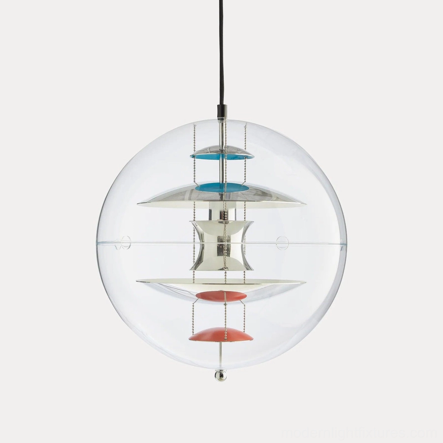 Globe pendant light in chrome body with red interior accent layers and clear transparent shade