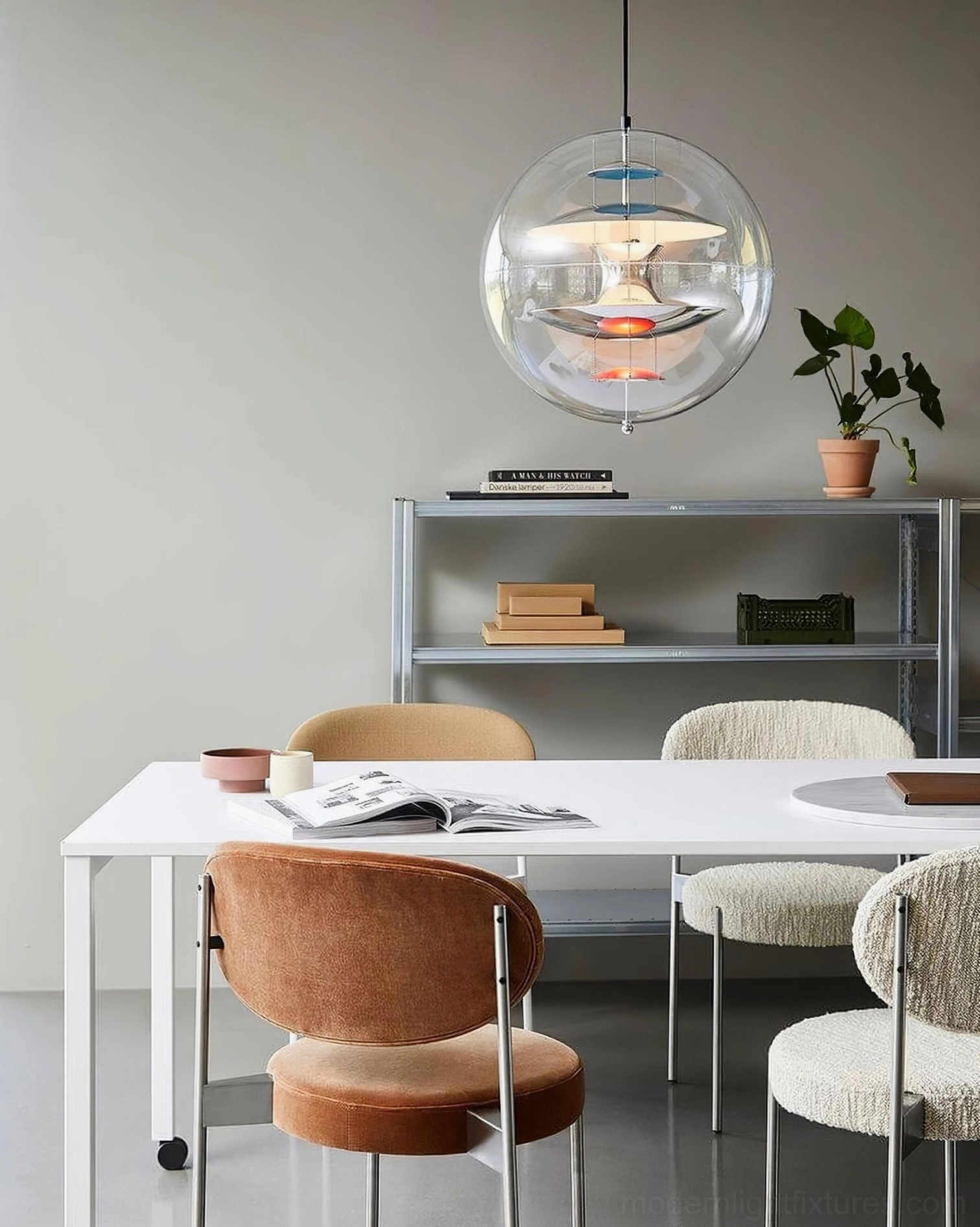 Contemporary ceiling pendant light fixture with geometric spherical form and aluminum components