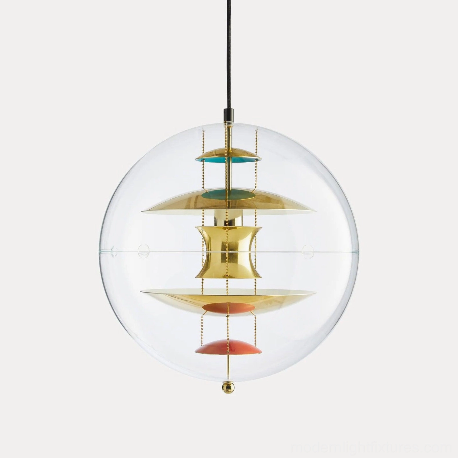 Globe pendant light featuring gold body finish with red interior reflectors and acrylic sphere design