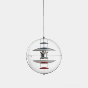 Modern globe pendant light with transparent acrylic sphere and silver metallic interior reflectors, overhead front view on white background