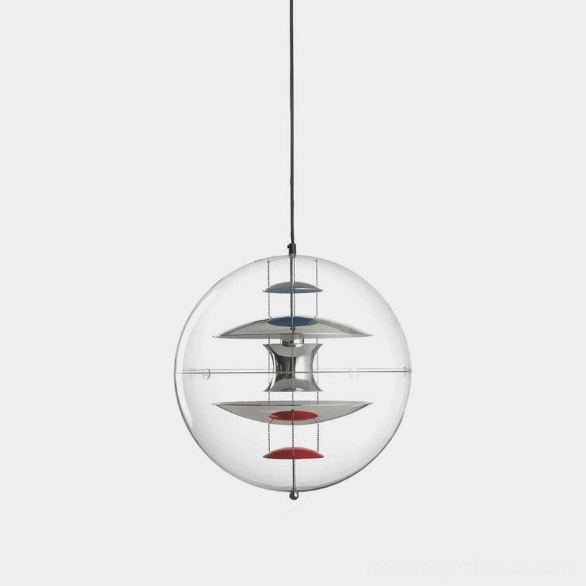 Modern globe pendant light with transparent acrylic sphere and silver metallic interior reflectors, overhead front view on white background