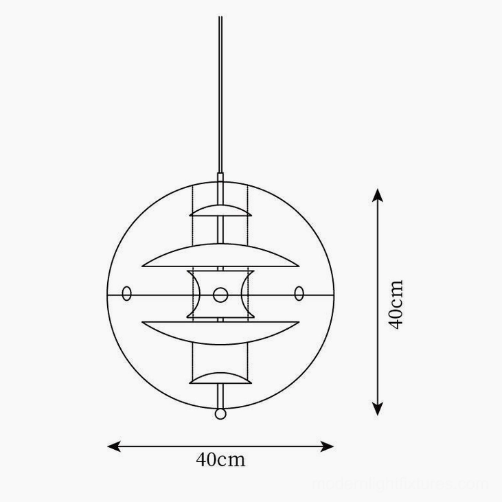 Technical schematic diagram of globe pendant light showing 40cm diameter and 40cm height specifications