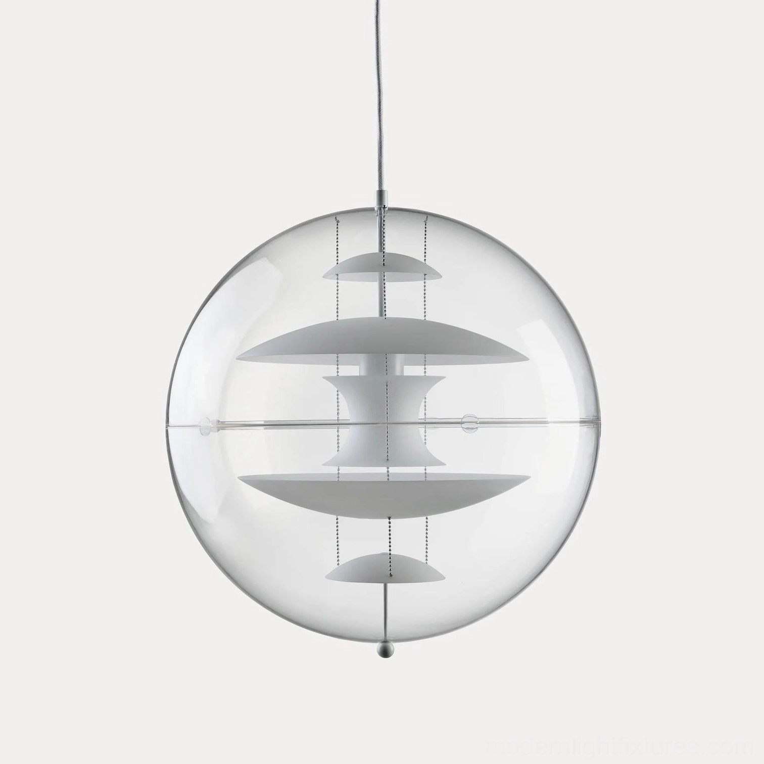 Modern globe pendant light in white body with white interior and clear acrylic shade