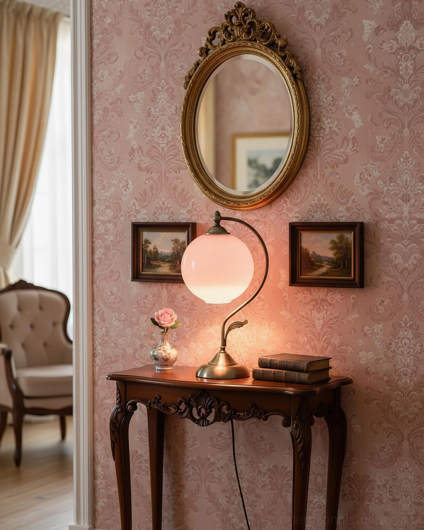 Curved brass globe table lamp on ornate dark wood console table with gold oval mirror and floral decor, romantic vintage entryway