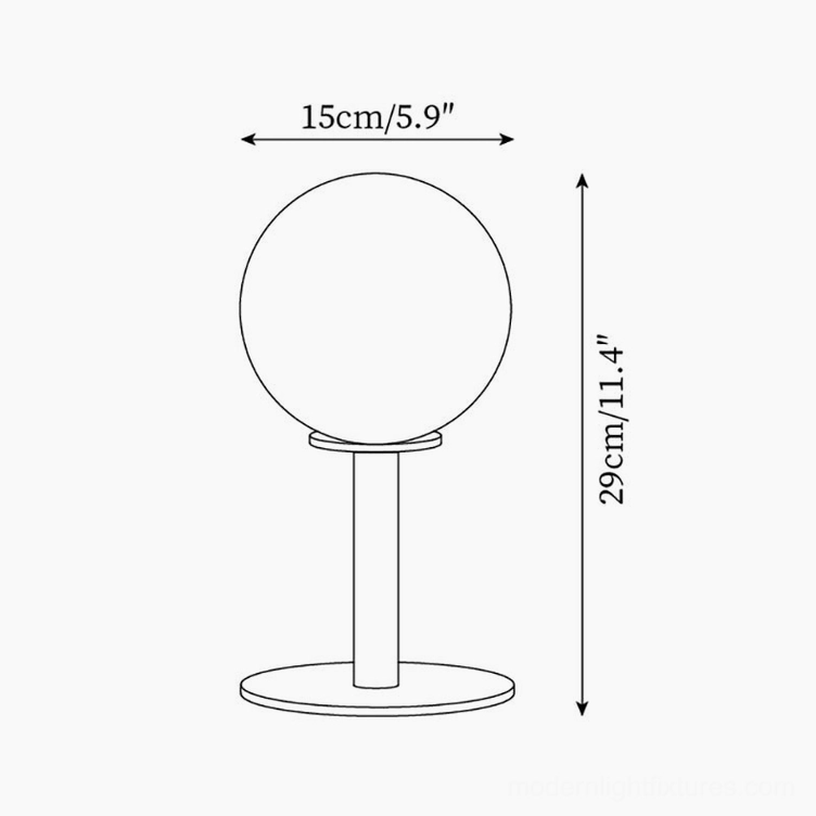 Spherical table lamp technical dimension drawing showing 15cm diameter and 29cm height specifications