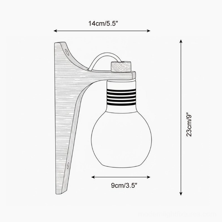 Globe wall sconce dimension schematic, technical specifications 14cm width 23cm height, installation guide