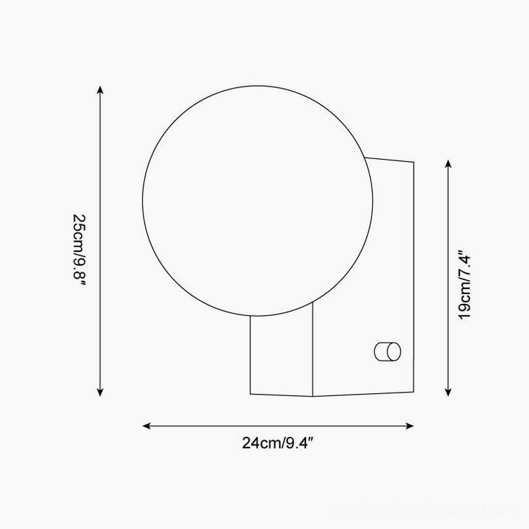 Glowen globe wall lamp technical orthographic projection drawing with dimension specifications