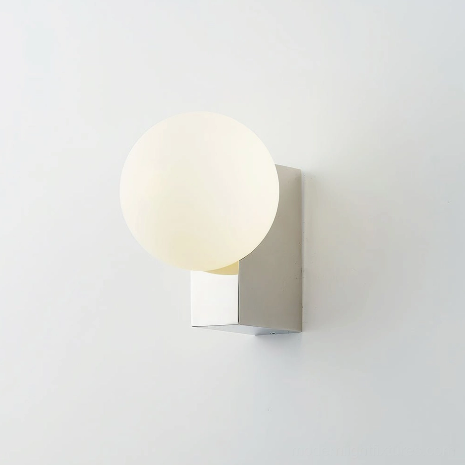 Chrome and white Glowen wall sconce with polished metal base and frosted glass, modern elegant design variant