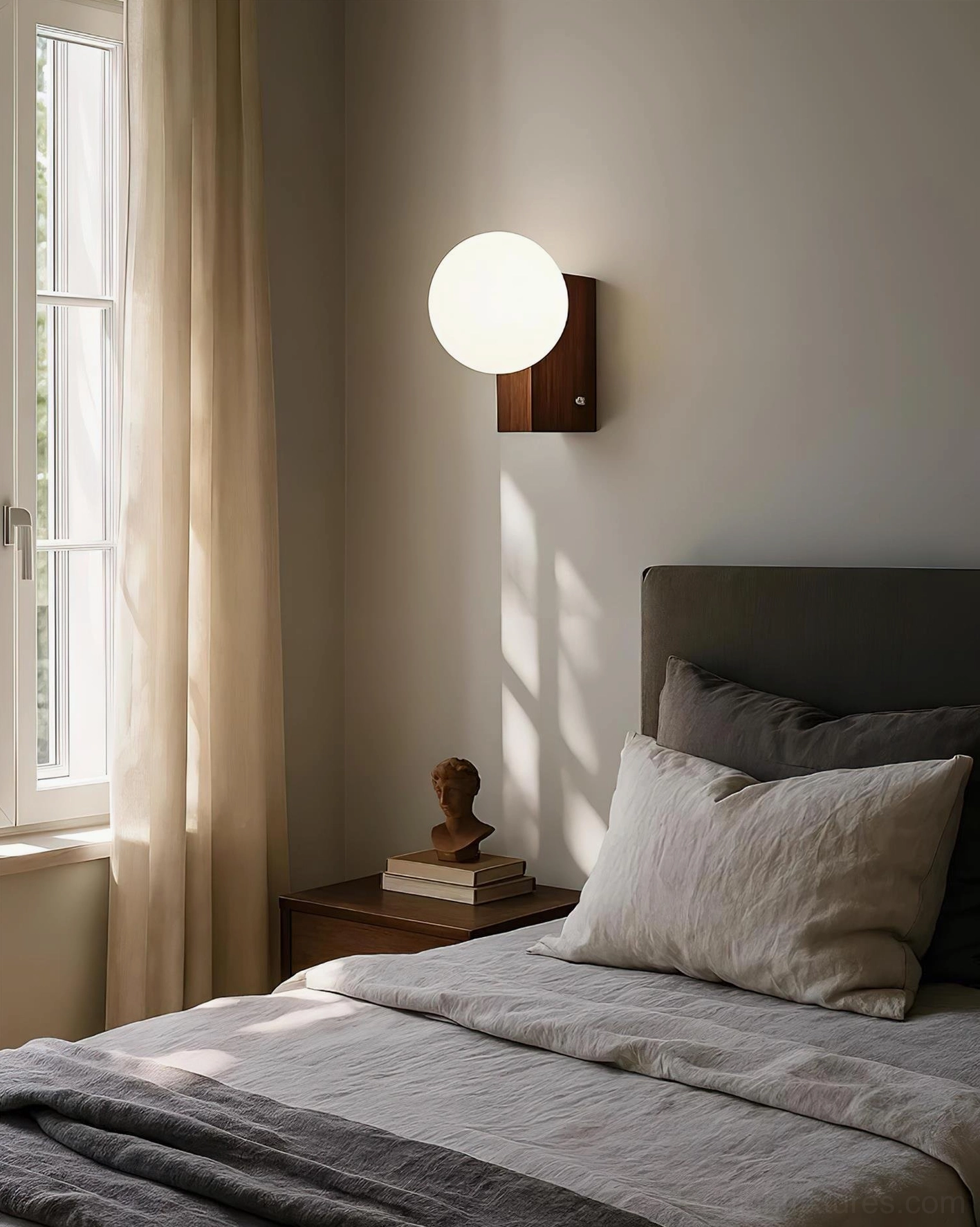 Glowen wall lamp mounted in sunlit bedroom with bed and nightstand, warm neutral spherical glass shade