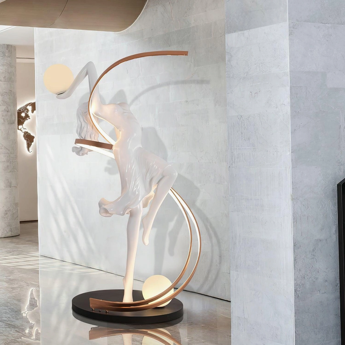 Goddess floor lamp in retro arched window interior with framed art wall and grey glass, warm glowing illumination