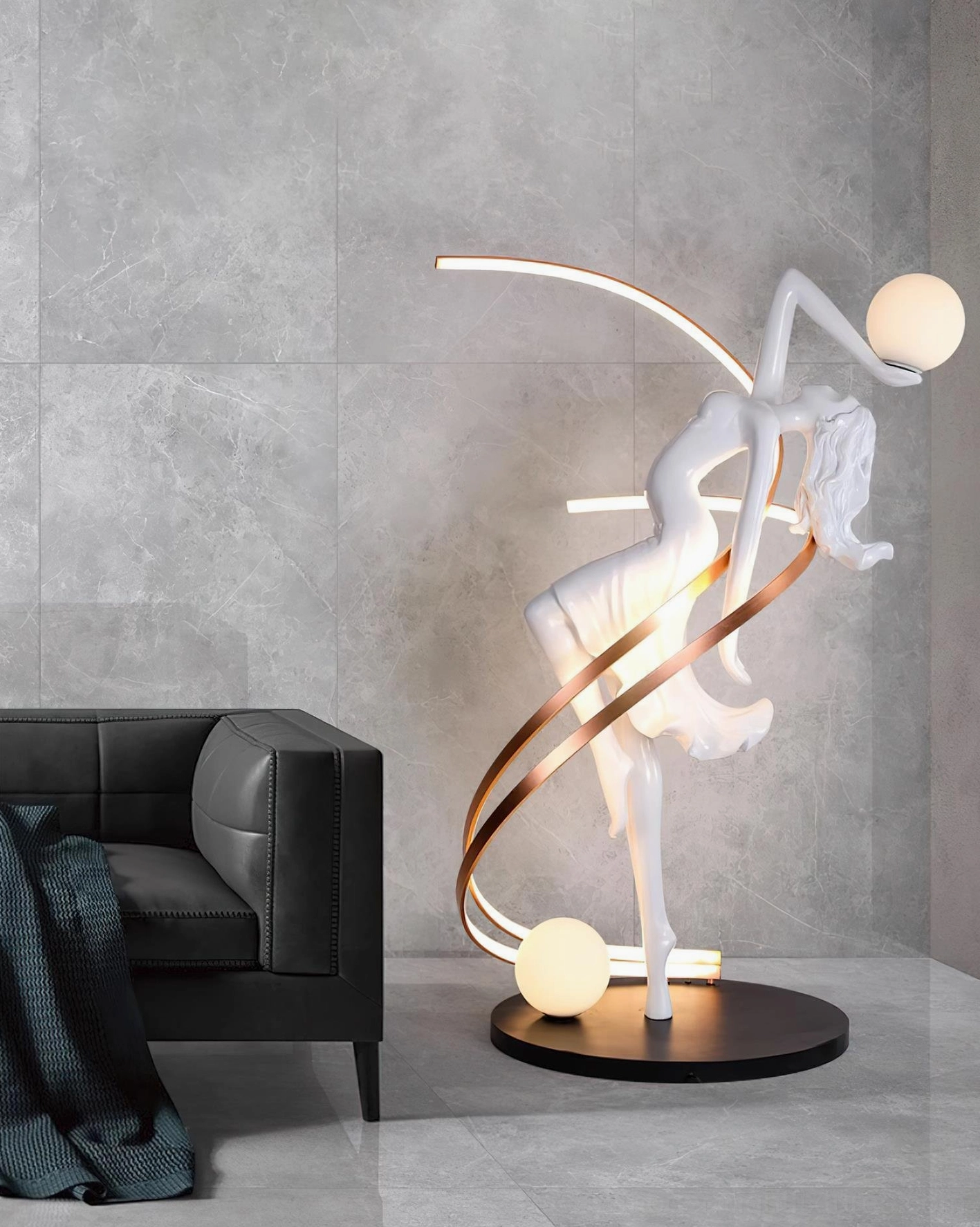 Modern goddess floor lamp base detail showing sturdy steel construction and sculptural form stability
