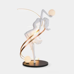 Modern goddess statue floor lamp with dual frosted glass orbs and rose gold metal accents, white resin dancer sculpture on black base