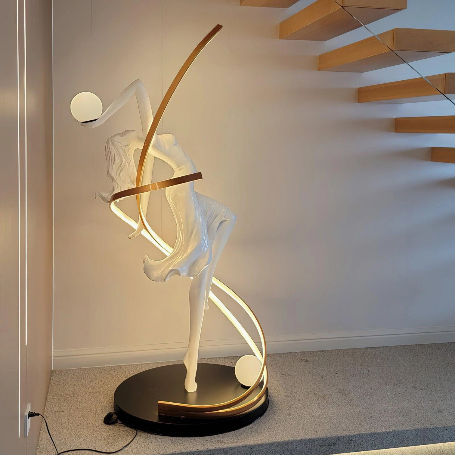 Goddess sculptural floor lamp in contemporary art gallery setting, statement lighting piece with warm glow