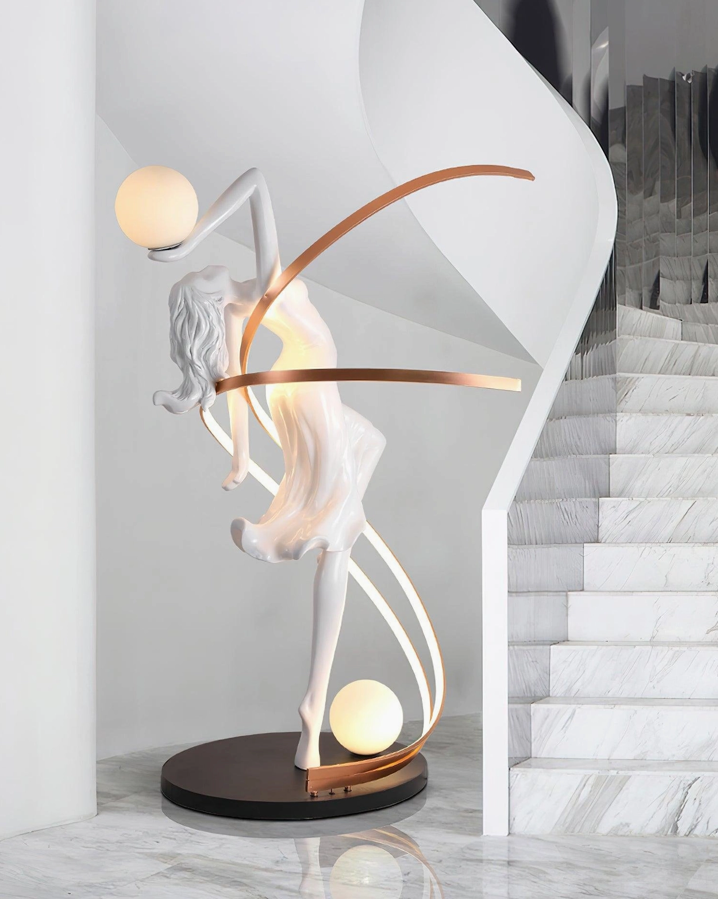 Modern sculptural floor lamp in marble hallway with warm glowing lights reflecting on glossy marble flooring