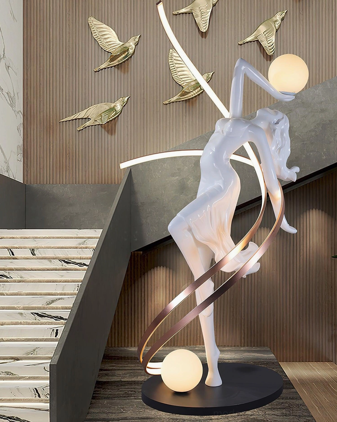 Artistic goddess statue floor lamp with floor reflection on marble wall, neutral minimalist lobby space