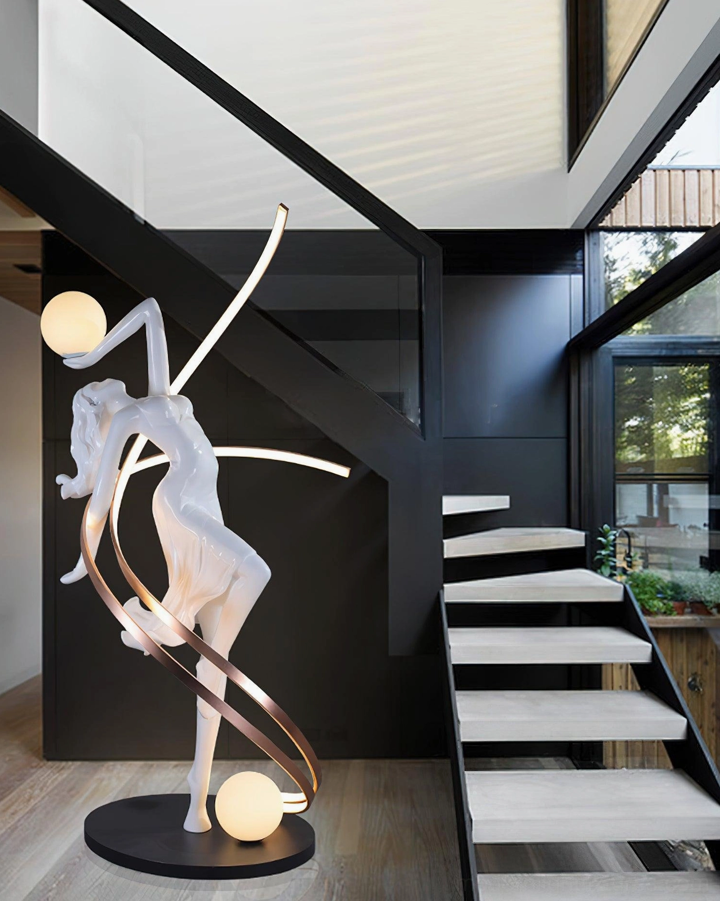 Goddess floor lamp metal work and rose gold curved band details spiraling around sculptural body