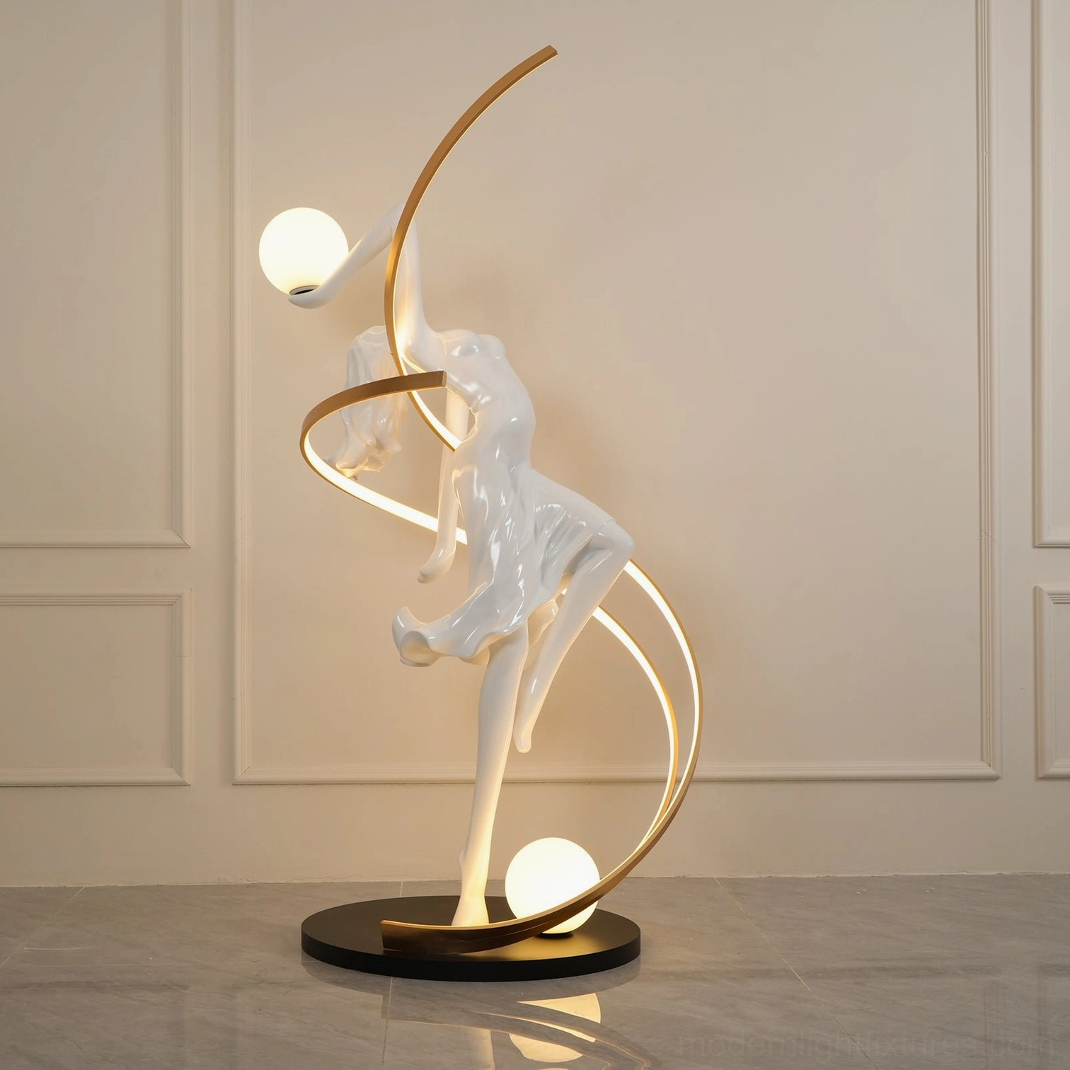 Artistic goddess floor lamp with rose gold curved metal strips and dual frosted glass sphere lights, minimalist beige interior
