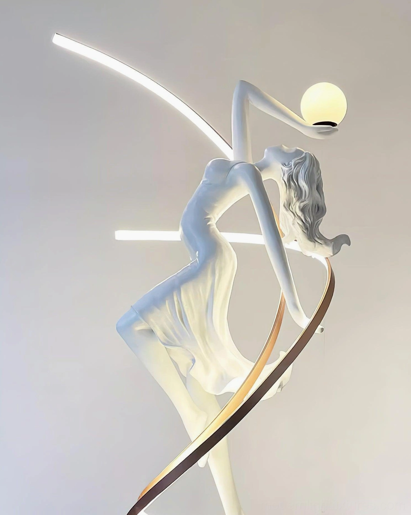 Goddess floor lamp upper arm-cradled illumination sphere with soft frosted glass glow