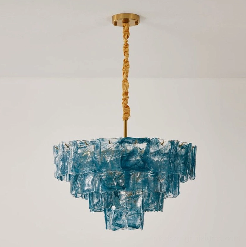 Gold and blue tiered glass chandelier medium size, 60cm diameter, modern geometric pendant fixture with metal framework