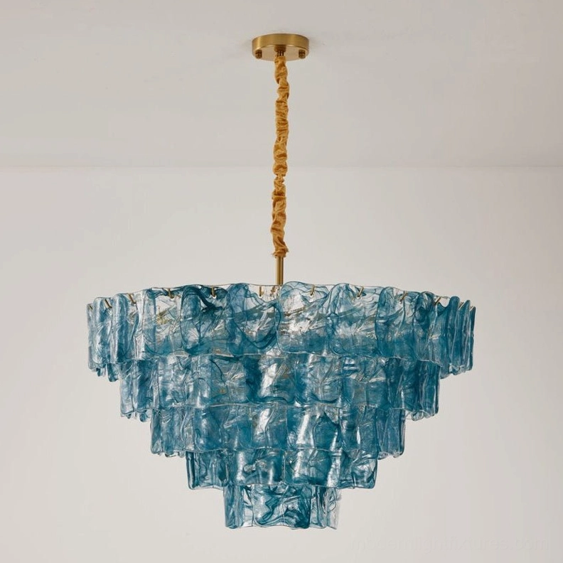 Gold and blue tiered glass chandelier large variant, 80cm diameter, modern geometric pendant light fixture with metal frame