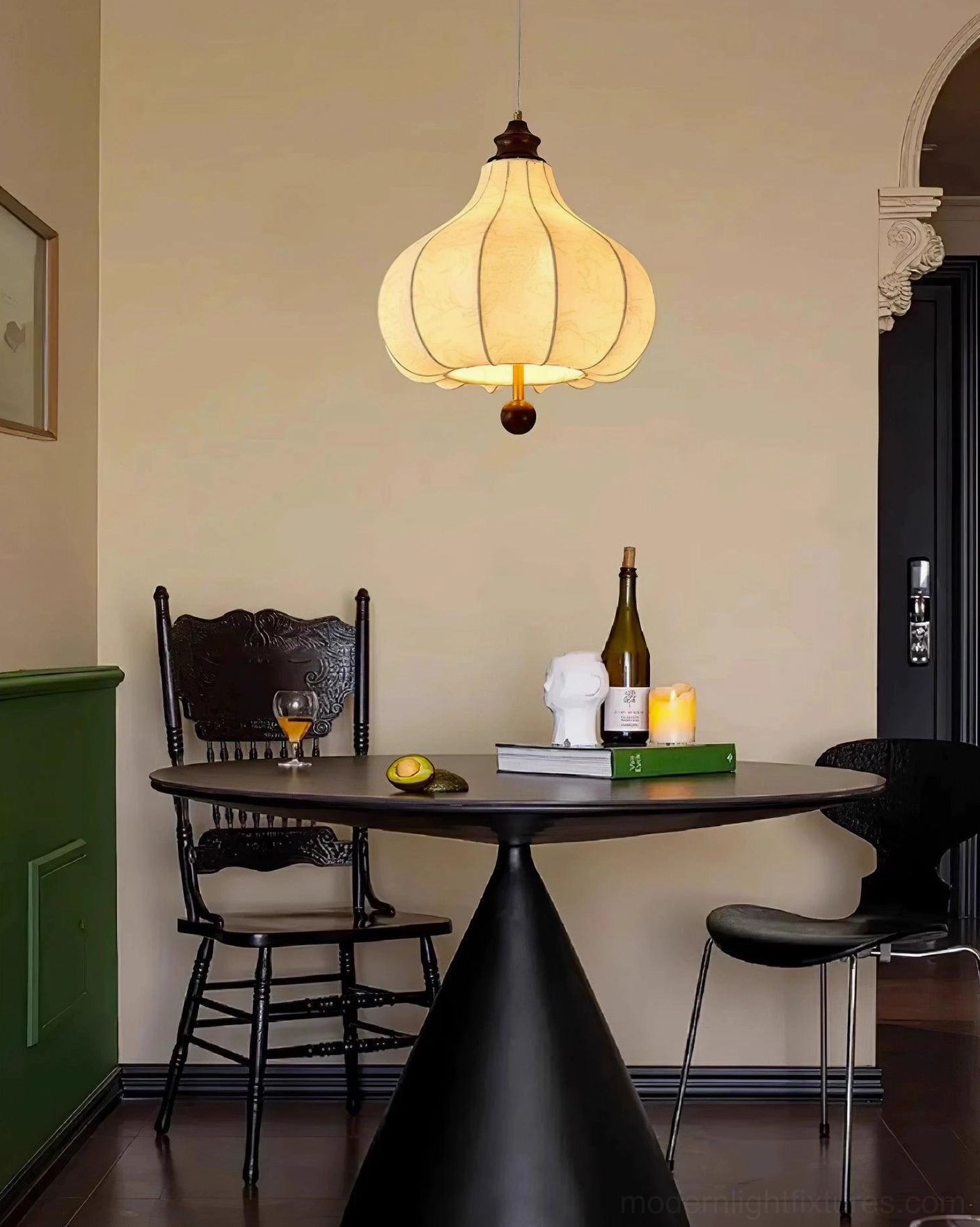 Gold finish botanical pendant lamp variant showing metal hardware details and warm tone coordination