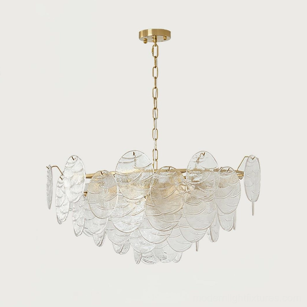 Polished brass gold frame disc chandelier with textured leaf-shaped clear glass segments