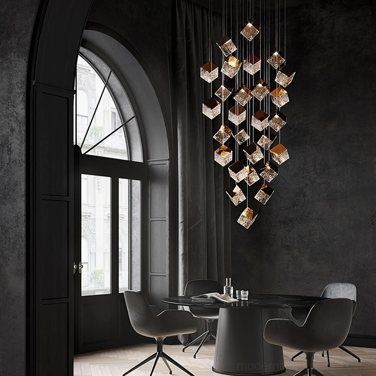 Geometric cube chandelier gold and chrome mixed finish design detail