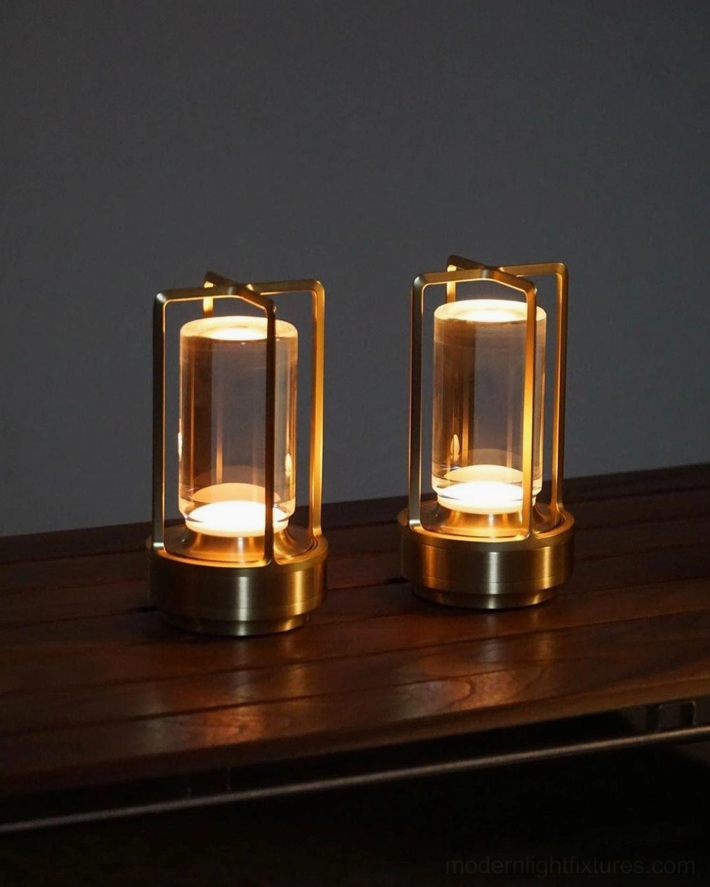 Cordless table lamp gold finish luxury aesthetic warm wood tones decor pairing