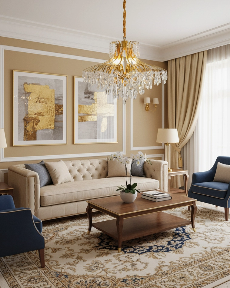 Hanging crystal chandelier with gold hardware and teardrop crystal pendants in classic American living room