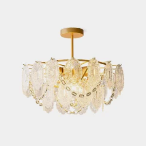 Gold crystal glass chandelier with oval textured pendants front view studio photography