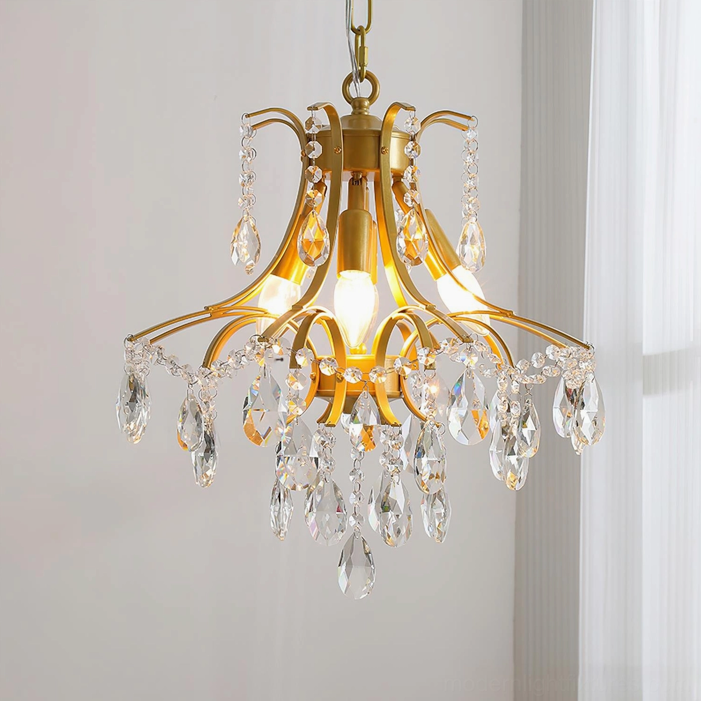 Gold and clear crystal wisteria chandelier detailed view showing cascading crystal arrangement and metal frame