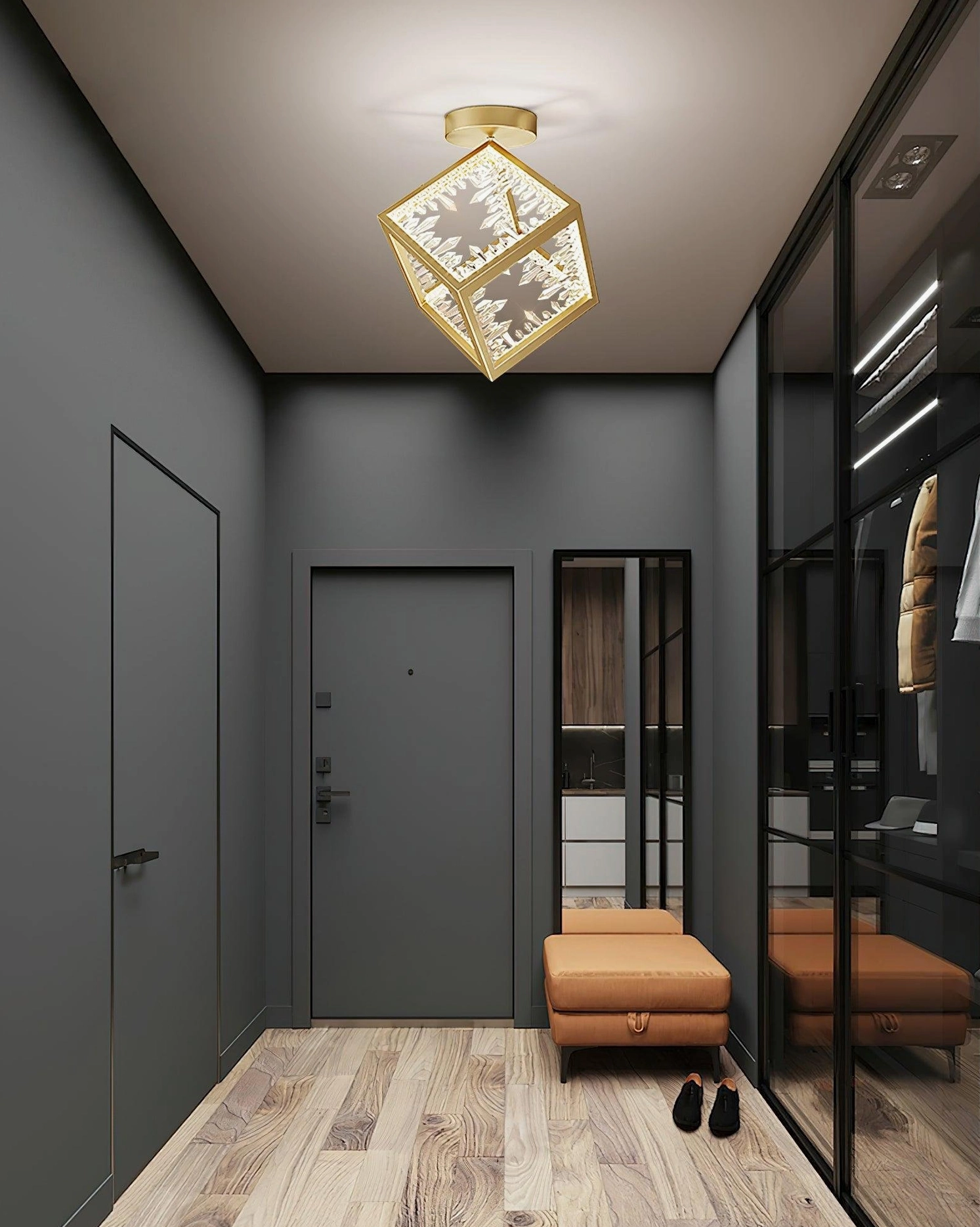 Gold metal cubic ceiling fixture with three-color changing LED technology
