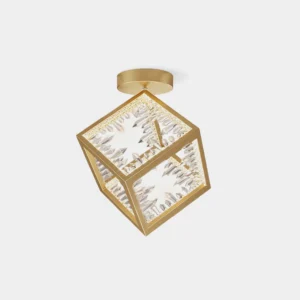 Gold cubic ceiling light with carved crystal glass panels, front overhead studio view