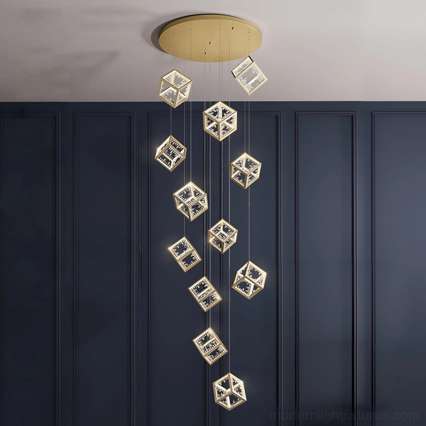 12-head gold cubic chandelier grand installation showcasing maximum light output and presence