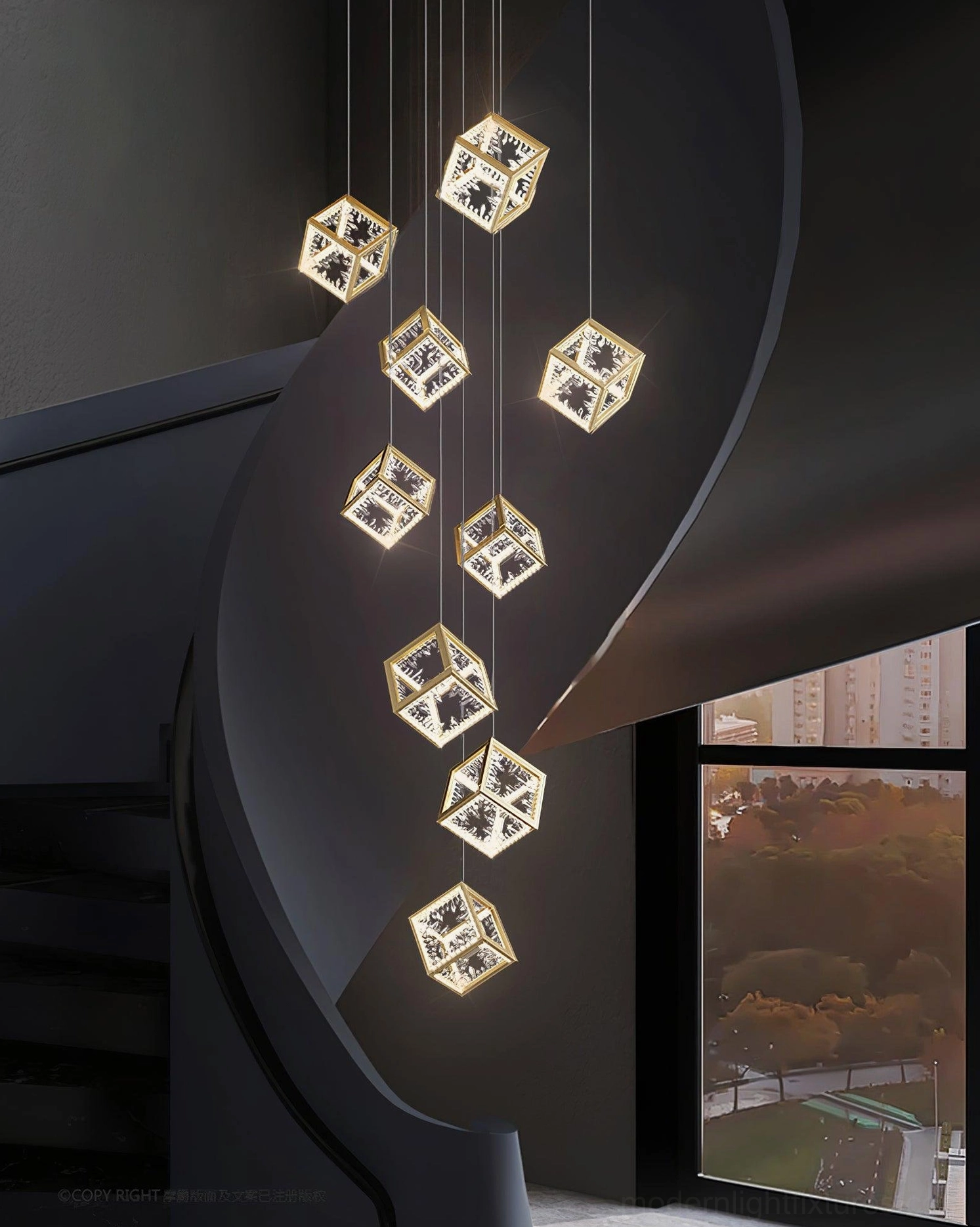 12-head gold cubic chandelier technical specification diagram showing dimensions and configuration