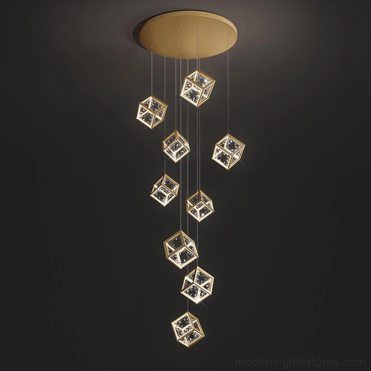 6-head gold cubic crystal chandelier complete installation view in residential setting