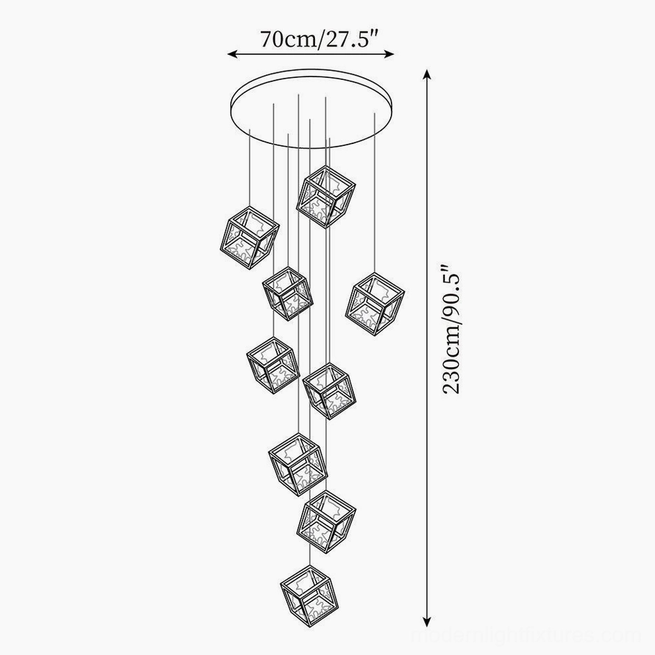 6-head gold cubic chandelier technical specification diagram showing dimensions and configuration