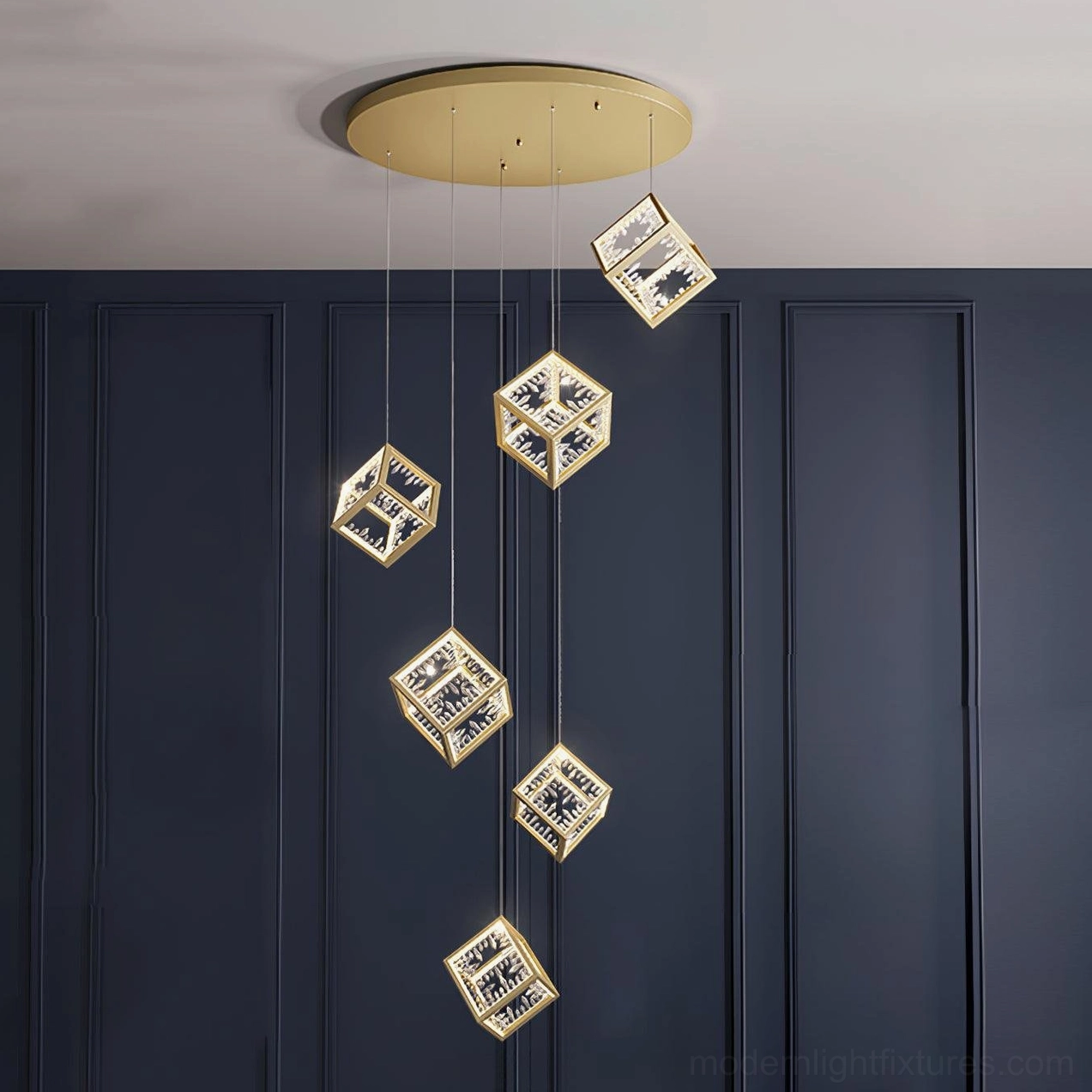 6-head size configuration gold cubic chandelier with warm light emission display